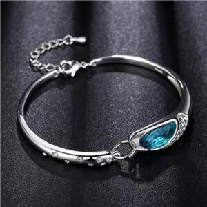 New - Aquamarine and CZ Silver Adjustable Bangle Bracelet
